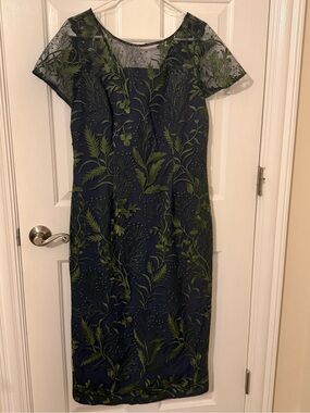 JS Collections Navy Dress with Olive Green Embroidered Botanical Design